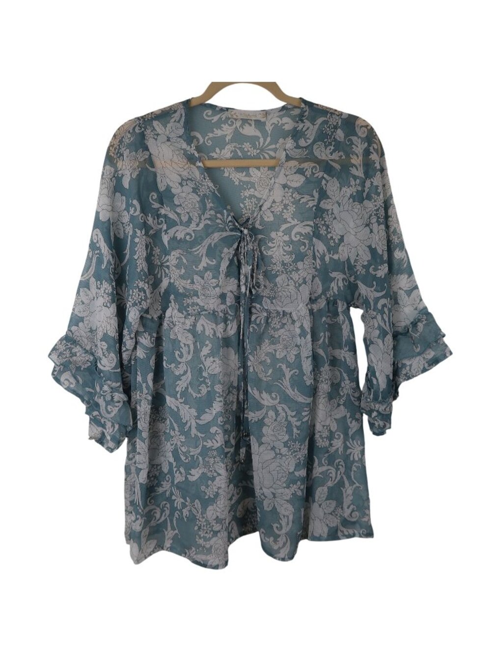 ✨3/$30 Weekend Suzanne Betro S Blue Sheer Floral Print Ruffle Sleeve Blouse Top